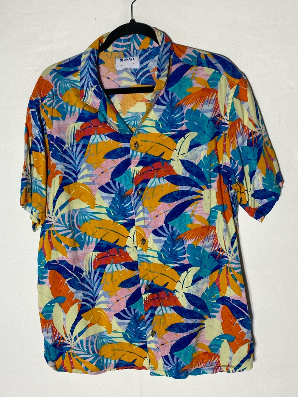 Old Navy Tropical Palm Leaf Rayon Blend Camp Shirt Size L Dadcore Hawaiian